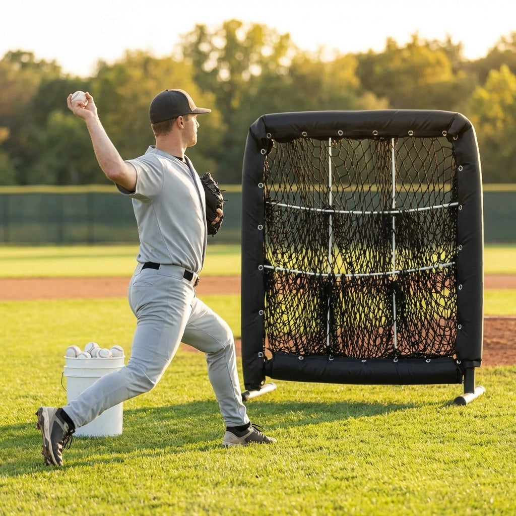 Adjustable baseball pitching target with steel frame, indoor and outdoor use
