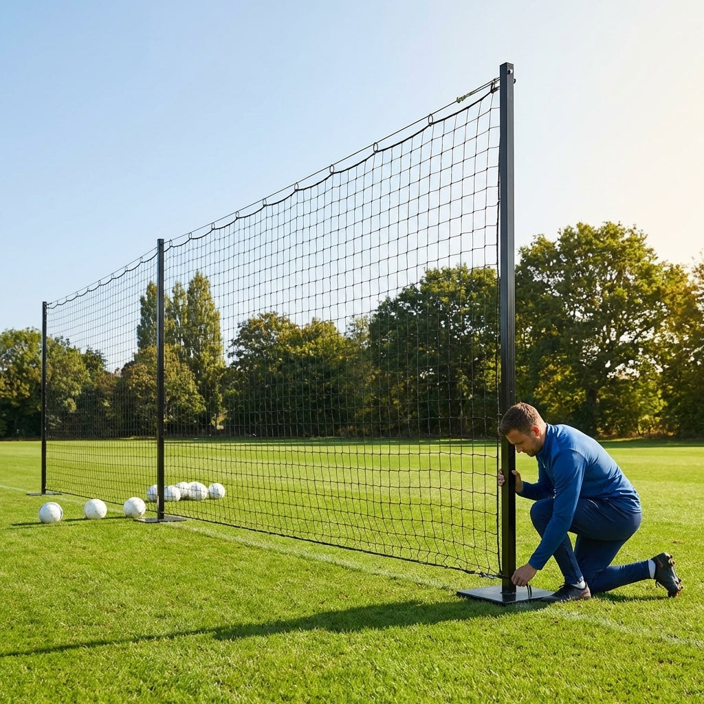 Pitch divider net system with galvanised steel posts and tensioned net