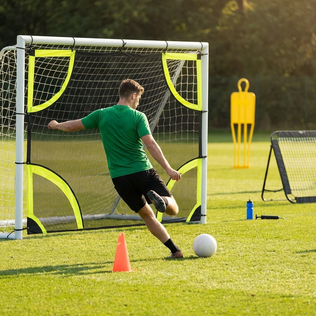 Football goal target sheet with bright yellow banding for training