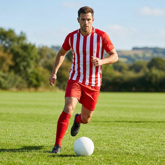 Men's striped football kit with shirt, shorts, and socks