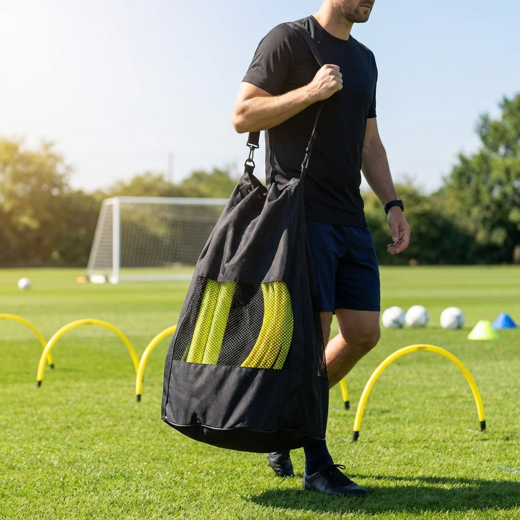 Black passing arcs bag made from durable polyester for sports equipment storage