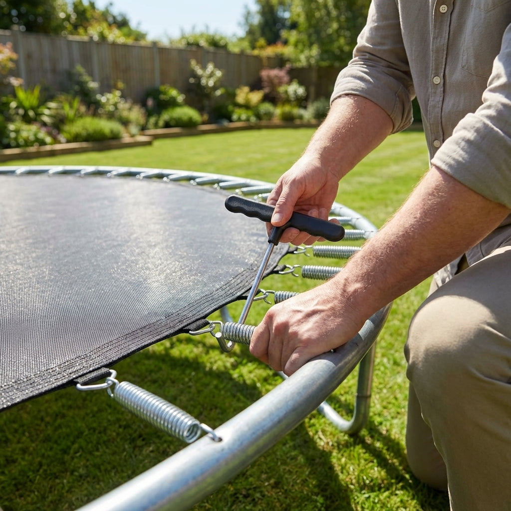 Trampoline spring tool with ergonomic handle and steel hook
