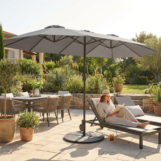 Double-sided garden parasol providing outdoor shade with steel frame