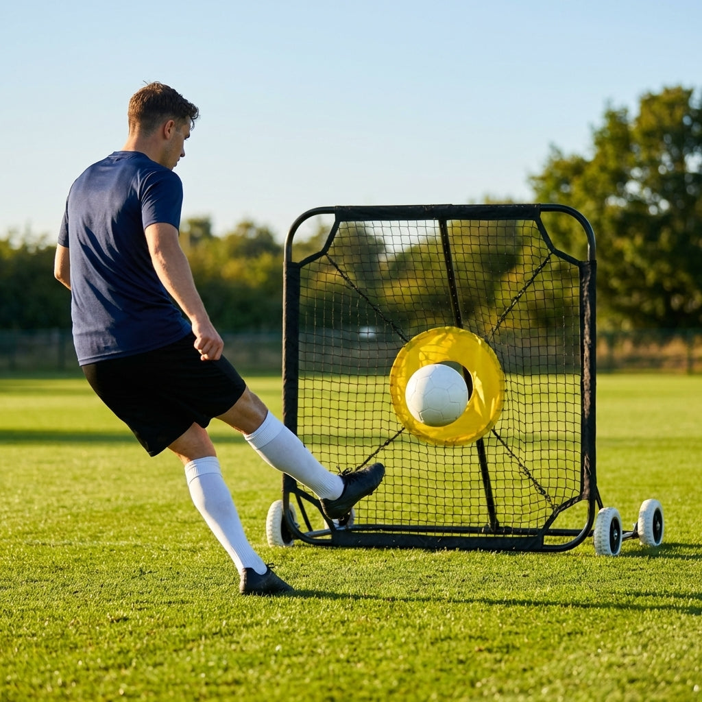 Football target net with black frame and fluorescent yellow bullseye target - product detail