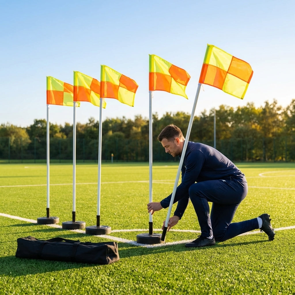 Football corner flag set with PVC poles and rubber bases