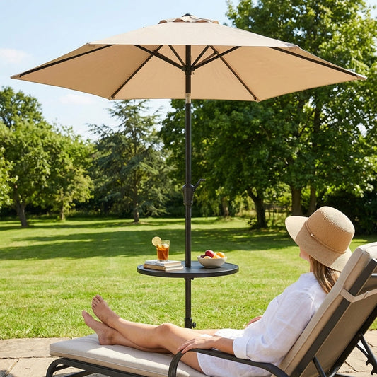 Black parasol table made of durable PE for outdoor use