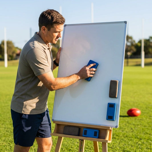Whiteboard eraser pack with felt surface and magnetic strip for coaching boards