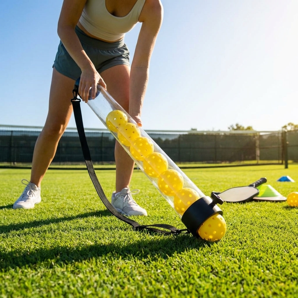 Pickleball pick-up tube with 13 ball capacity for court clean-up