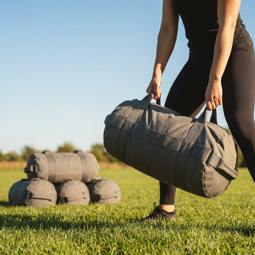 Black fitness sandbag 20kg, durable polyethylene, home gym equipment - product detail