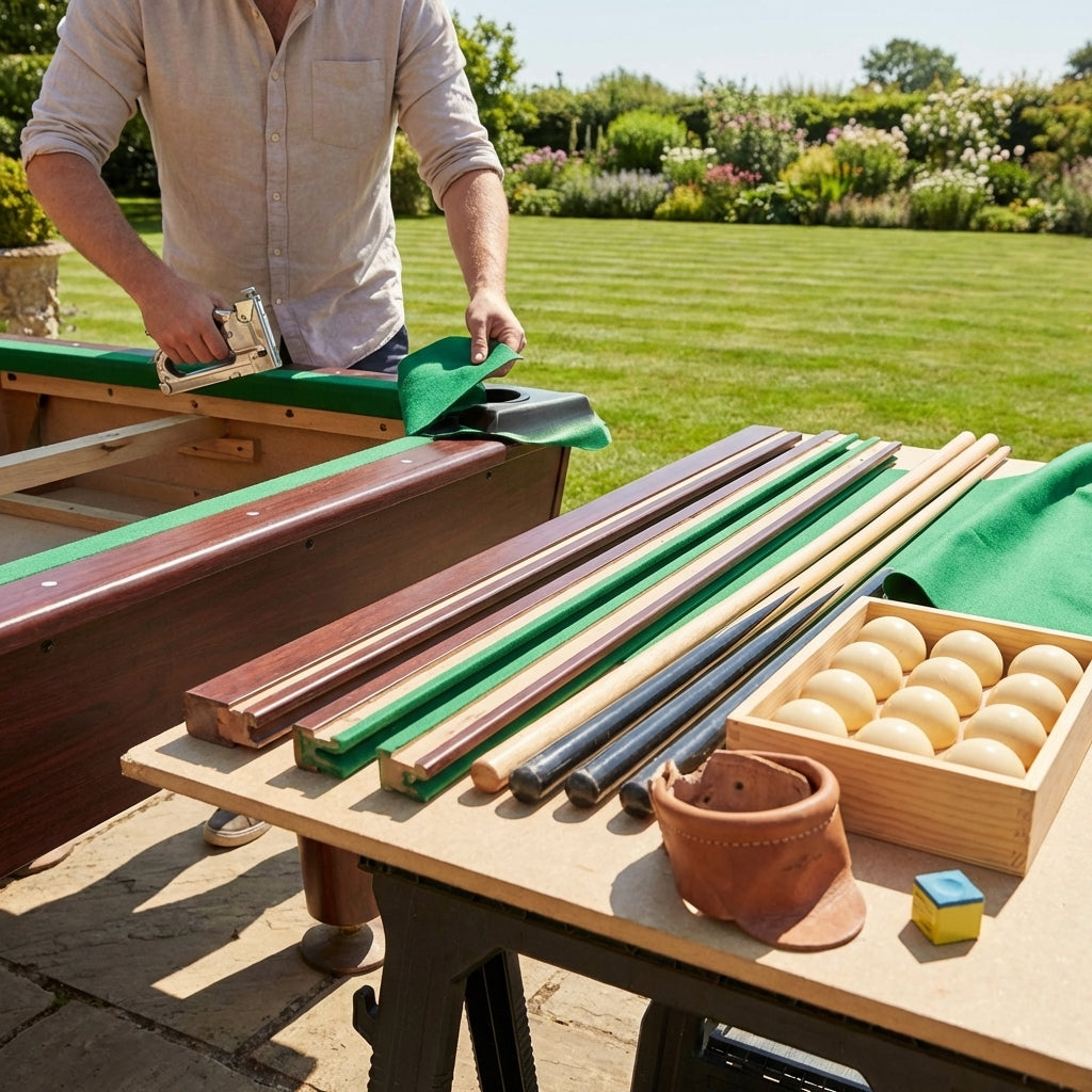 Pool Table Spare Parts including legs, hardware, and cues