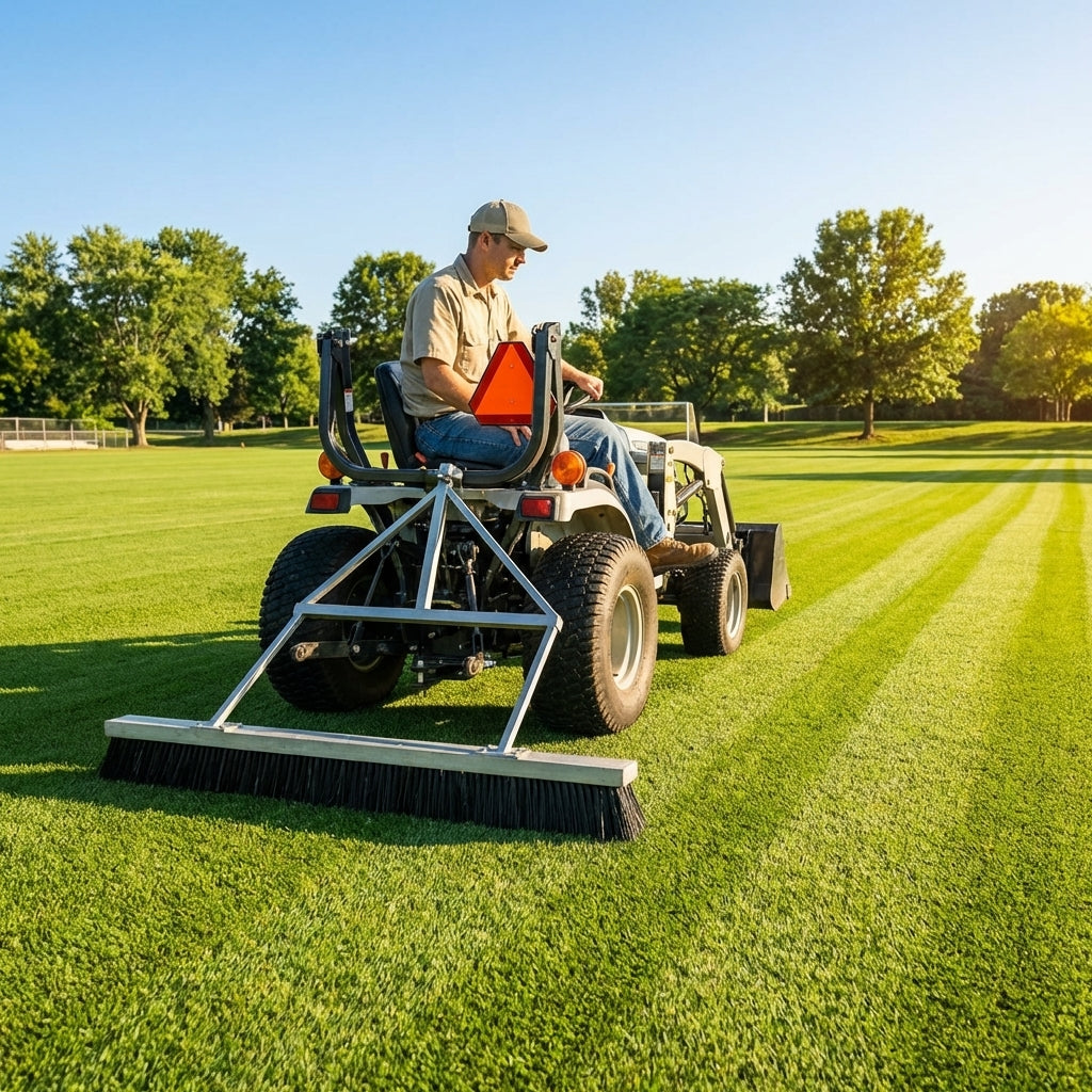 Tractor mounted drag brush for sports field maintenance
