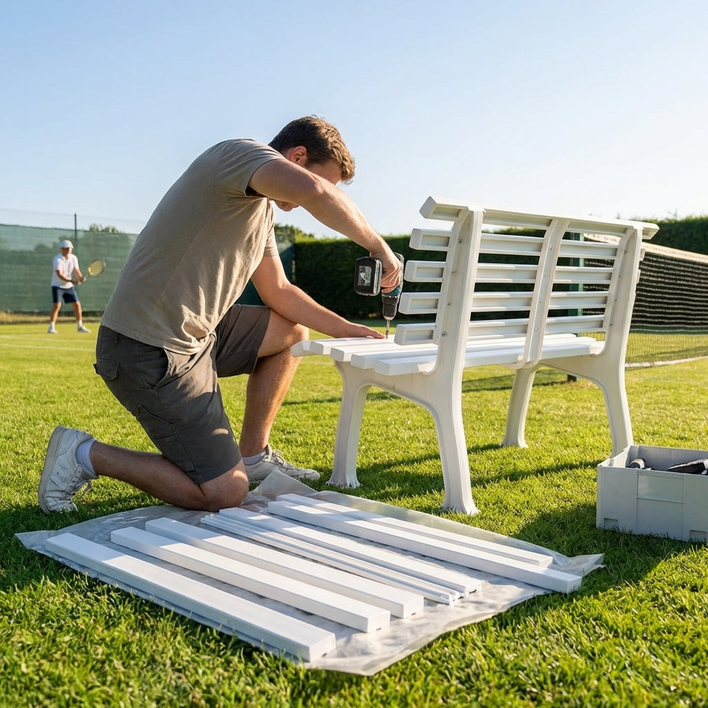 Replacement bench parts for tennis courts, available in various colours