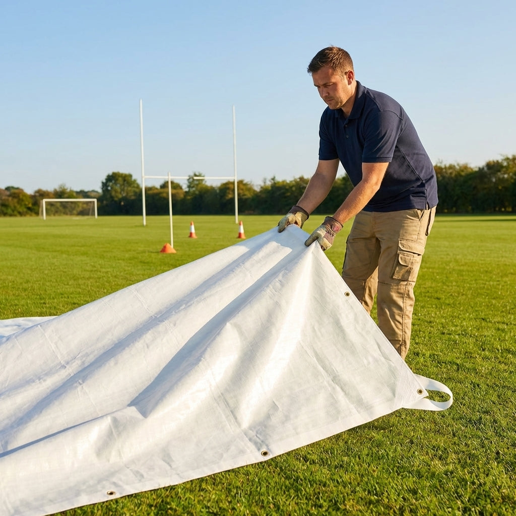 Football Pitch Cover Sheet in white made from 250gsm PVC
