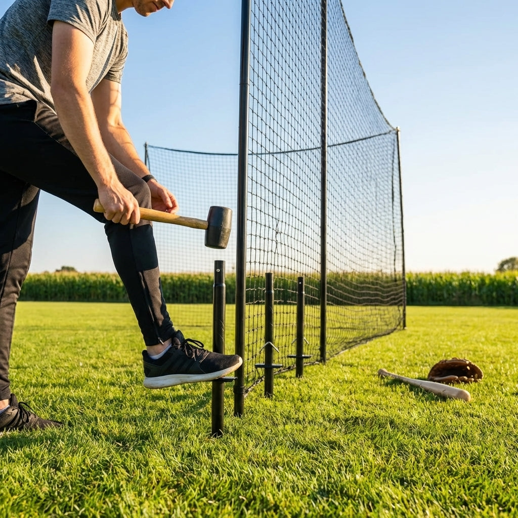Black steel support poles for baseball batting cages