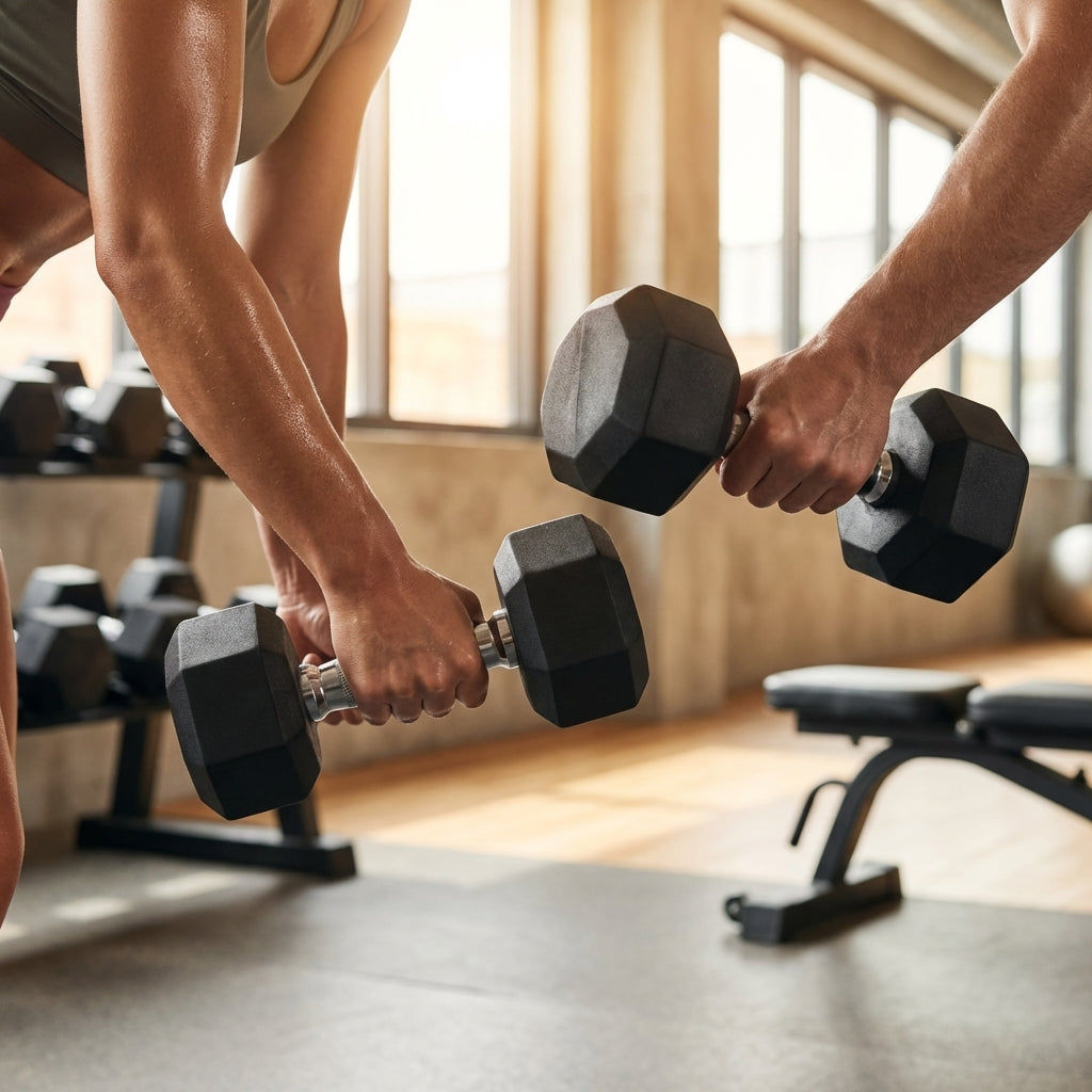 Hex dumbbells with rubber ends and chrome handles