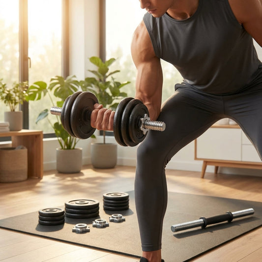 Adjustable dumbbell set with metal handles and cast iron plates