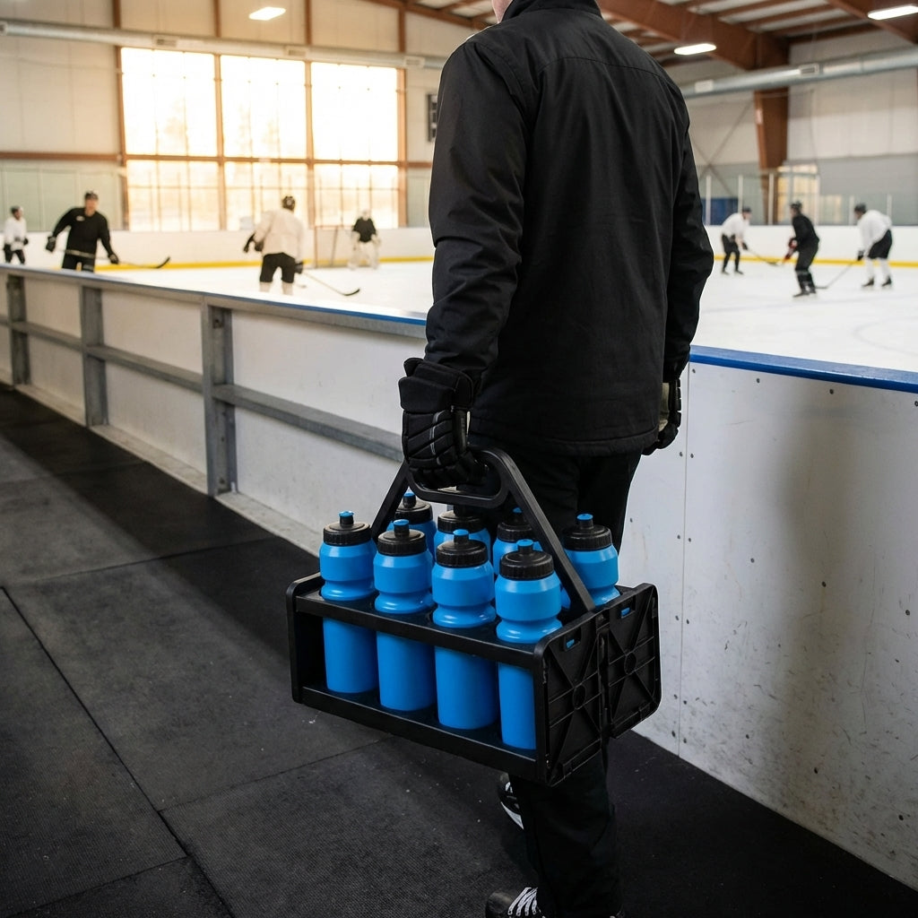 Ice Hockey Water Bottle Carrier, holds 10 bottles, ergonomic handle.
