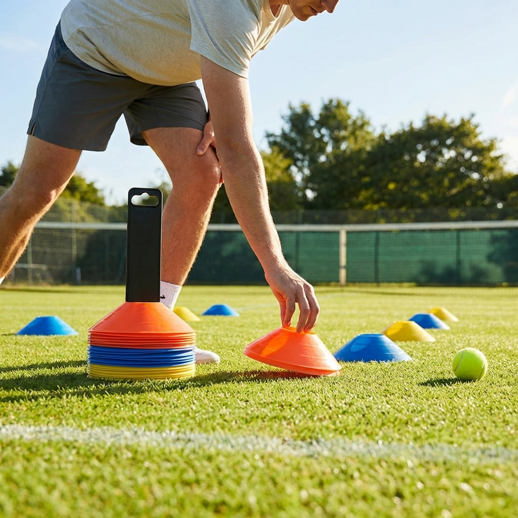 Tennis Training Marker Cones in various colours with carry stand