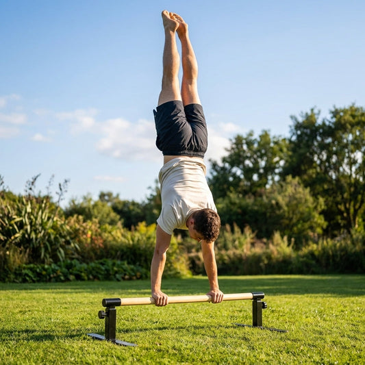 Gymnastics handstand bars made of steel and beech wood, ideal for home use