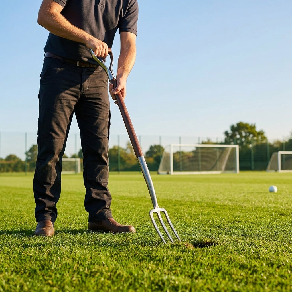 Divot repair fork with 124cm wooden handle and stainless steel tines