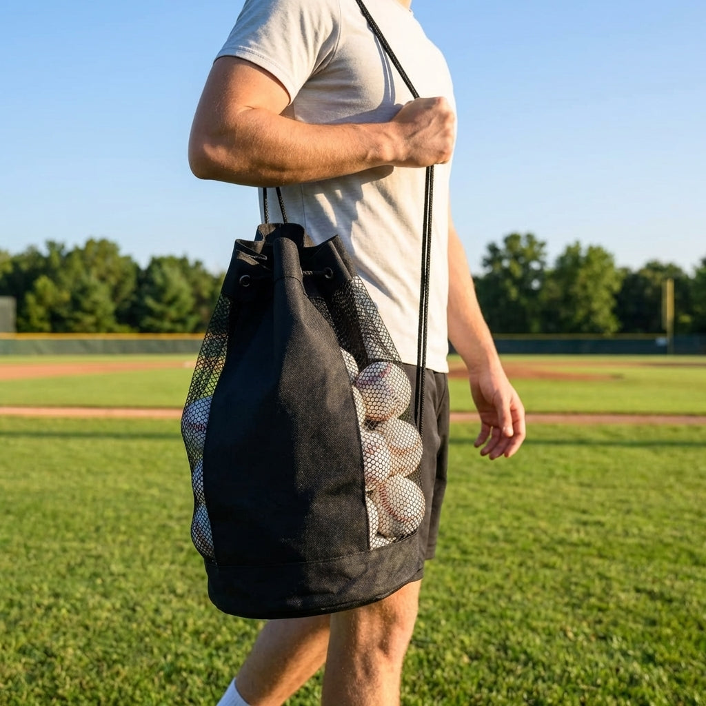 Black Baseball Ball Carry Bag with Reinforced Nylon Mesh
