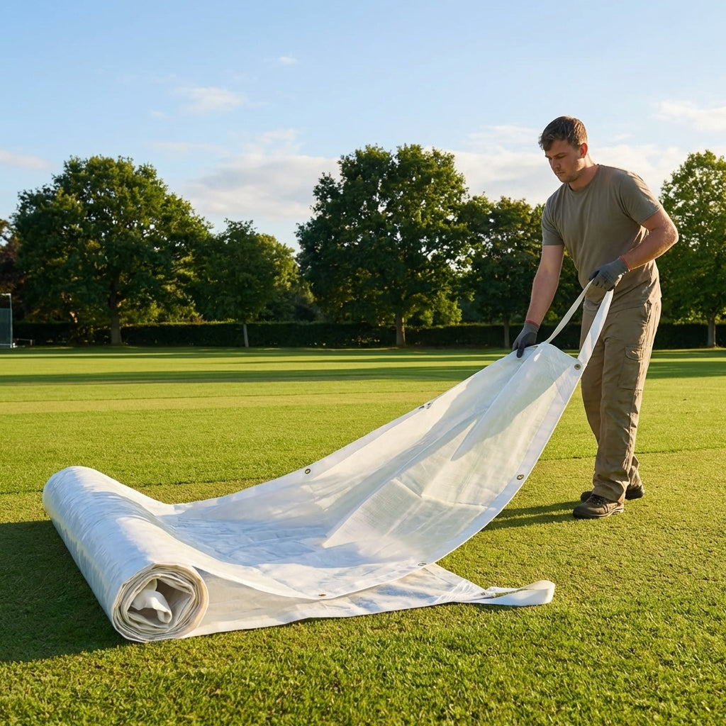 Heavy duty PVC cricket pitch covers in white for sports facilities
