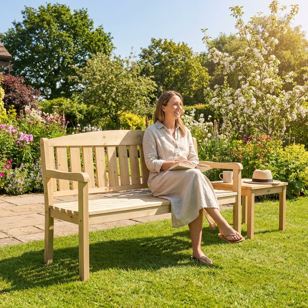 Wooden garden bench with natural finish, suitable for outdoor use