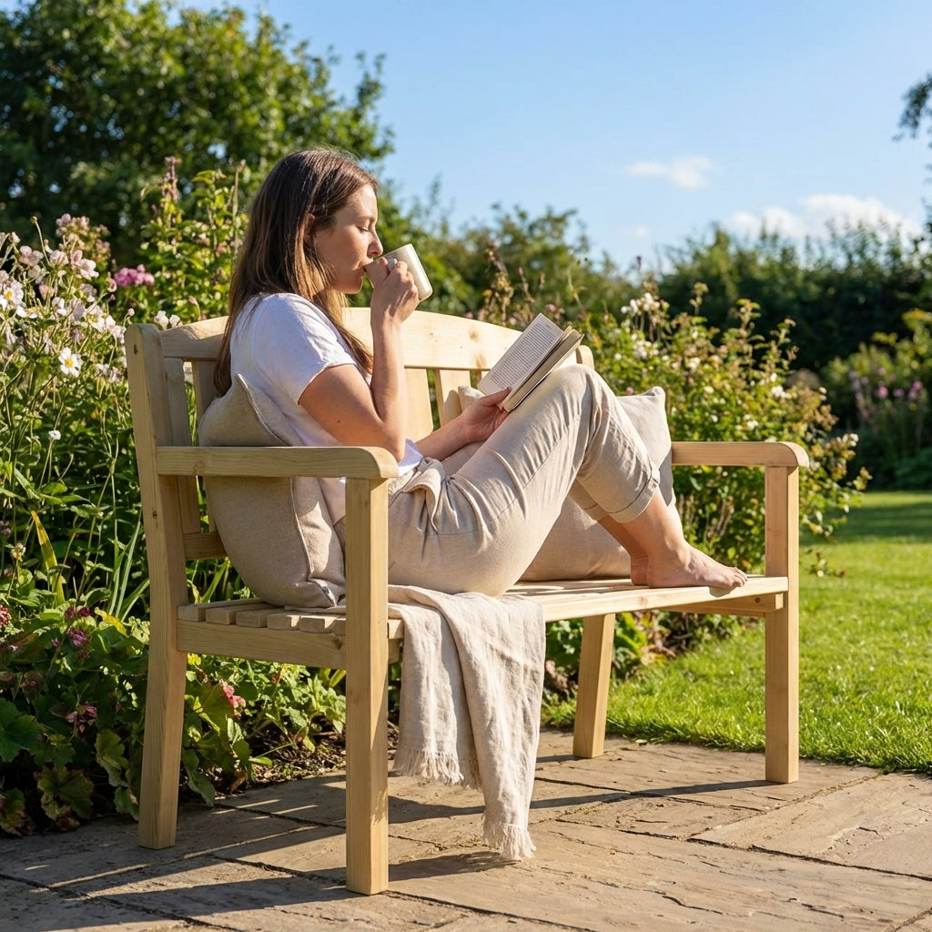 Wooden garden bench with natural finish, ideal for outdoor seating - product detail