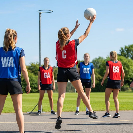 Netball Bibs in red and blue, available for kids, juniors, and seniors