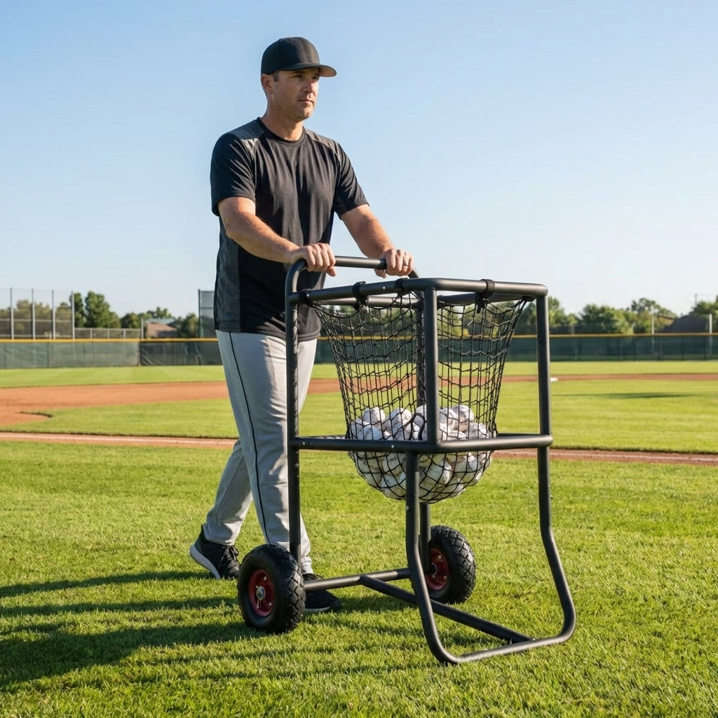 Baseball ball carry cart with steel frame and mesh netting