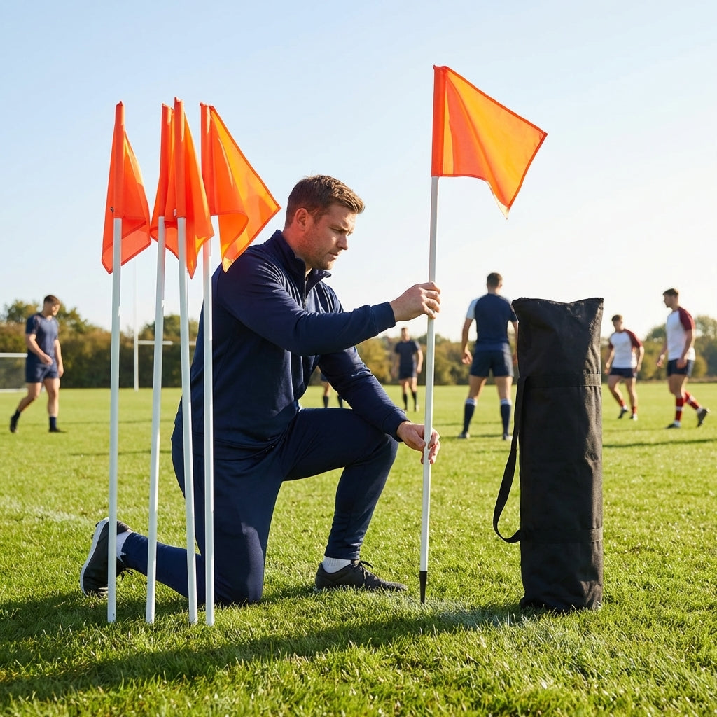 Rugby Corner Flag Set with Fluorescent Flags for Pitch Marking