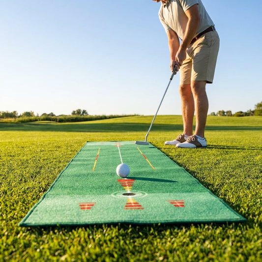 Golf putting mat with non-slip rubber base and target zones for indoor practice