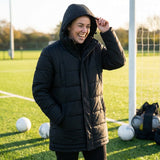 Longline padded coat in black, ideal for outdoor wear - product detail