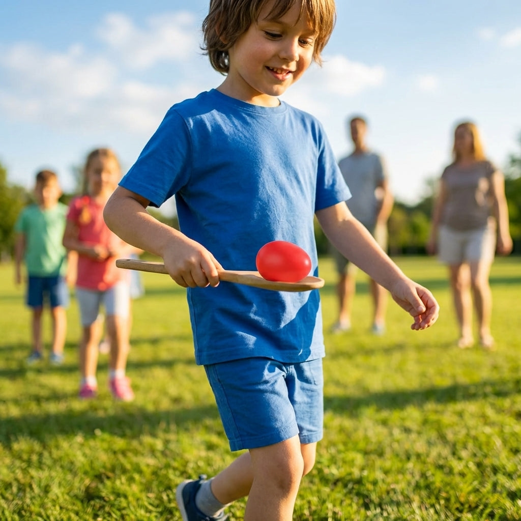 Multi-coloured play egg and spoon set for indoor and outdoor games
