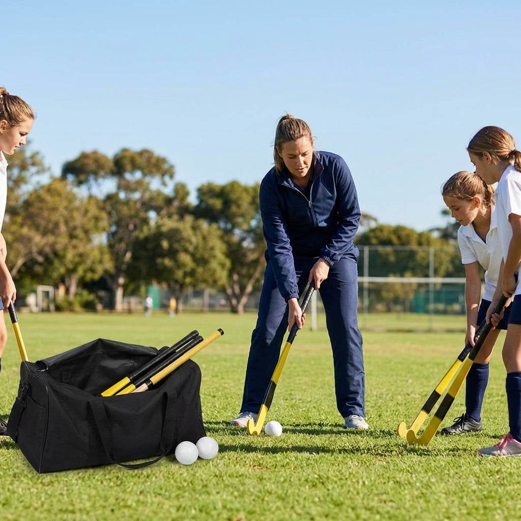 Hockey stick and ball set with fibreglass reinforcement for clubs and schools
