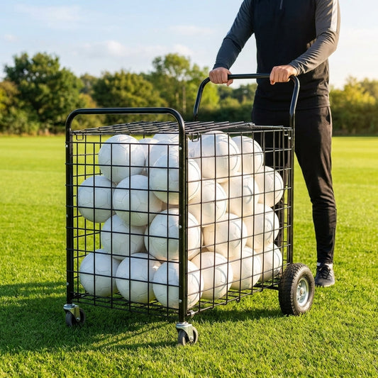Ball storage trolley with steel mesh and castor wheels