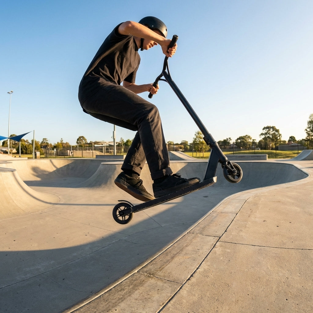 Freestyle kick scooter with multi-coloured TPR grips for skatepark use