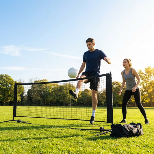 Adjustable football tennis net in use on a football field
