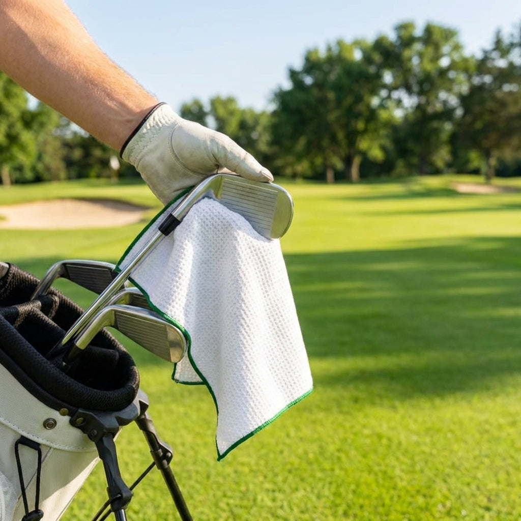 Microfiber golf towel in white with carabiner clip