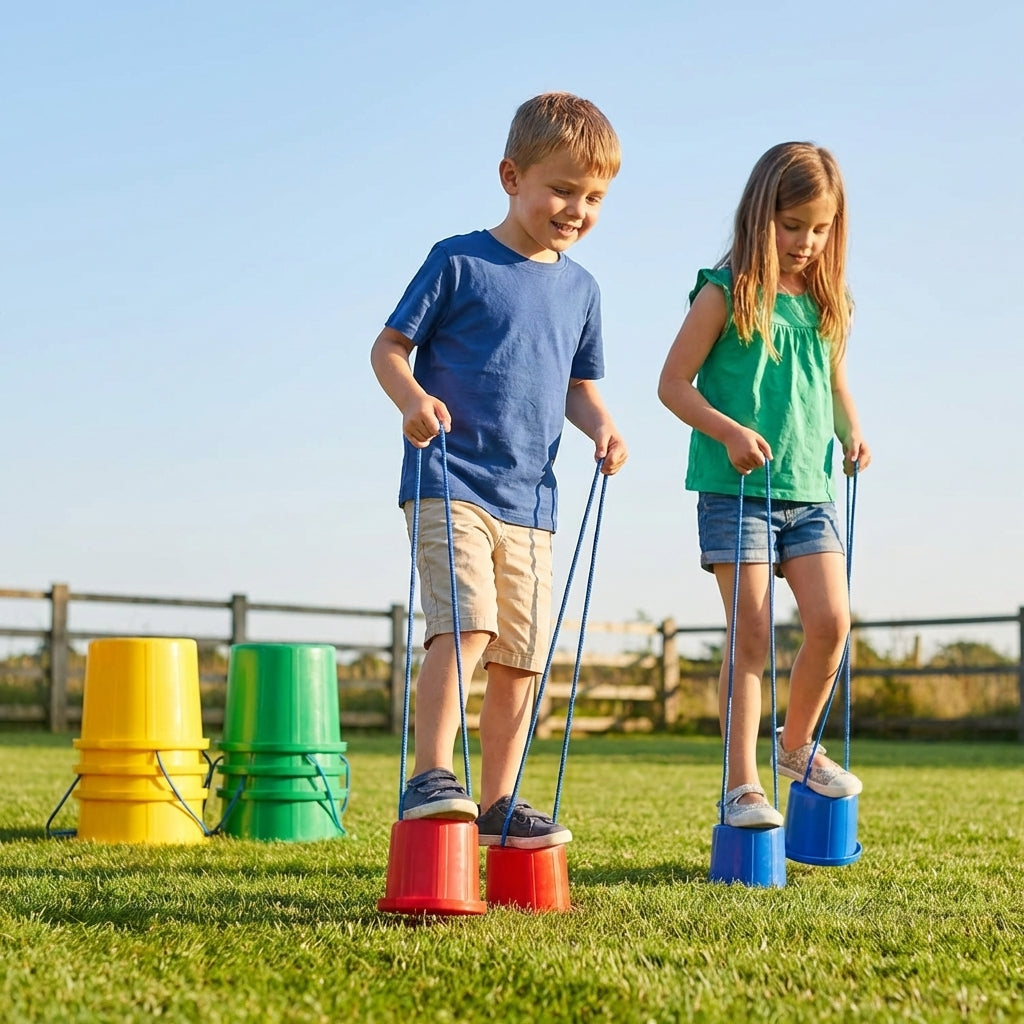 Kids bucket stilts in vibrant colours for indoor and outdoor play - product detail