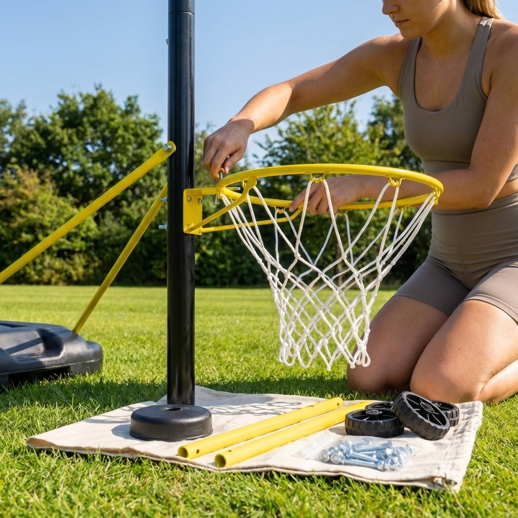 Replacement parts for netball post, including hoops, nets, and wheels
