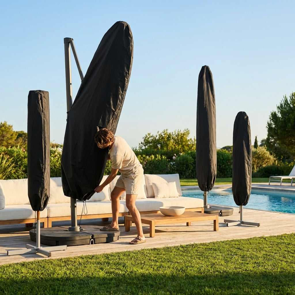 Black weatherproof parasol cover for garden storage