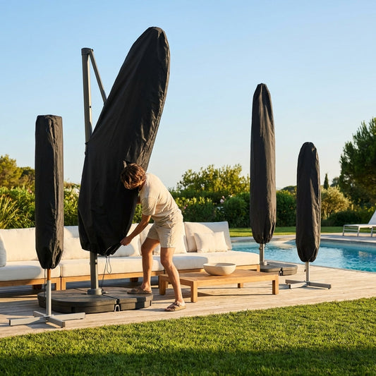 Black weatherproof parasol cover for garden storage