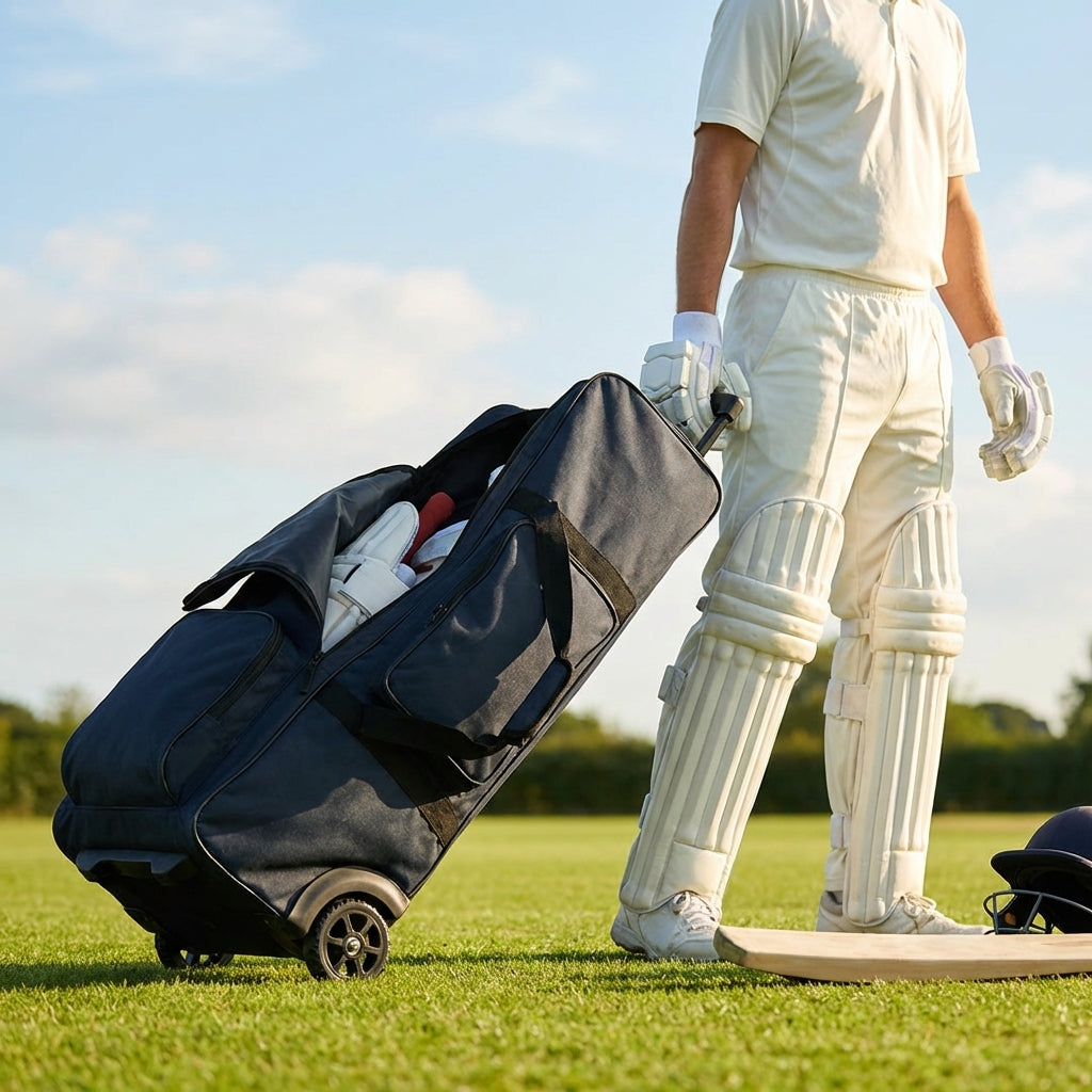 Cricket players set with gloves, pads, abdo guard, and wheelie bag