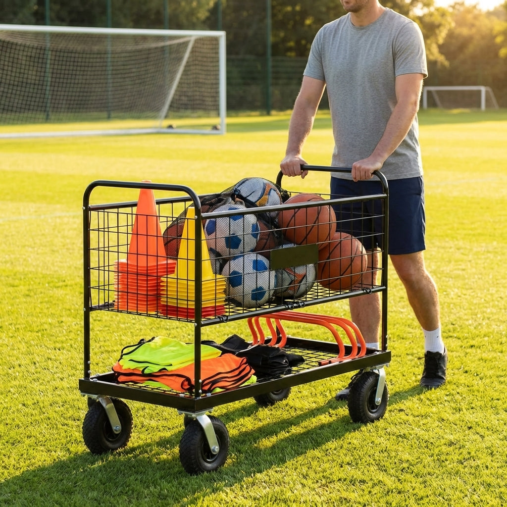 Steel Sports Equipment Storage Trolley with Dual-Tier Design