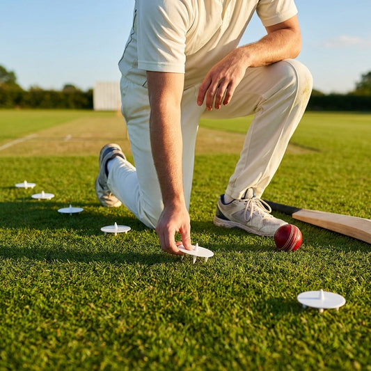 White Bowler Run-Up Marking Discs on Cricket Field