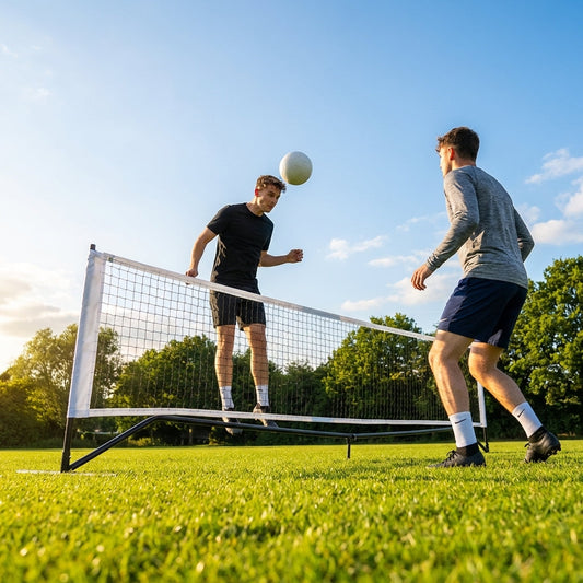 Adjustable football tennis net in use on a football field - product detail