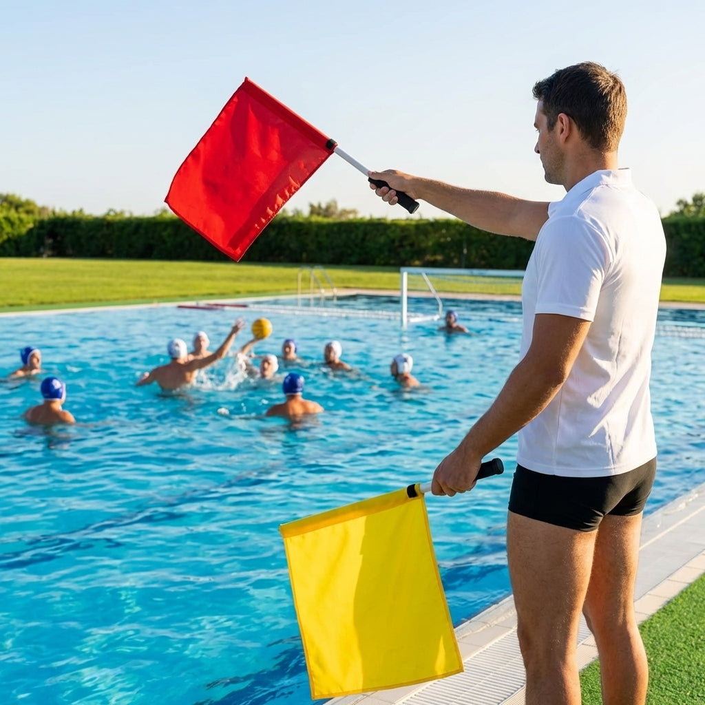 Water polo referee flags in red, yellow, white, and blue with PVC poles
