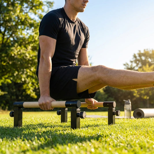 Adjustable parallettes bars with steel frame and beech wood handles for home and gym use - product detail