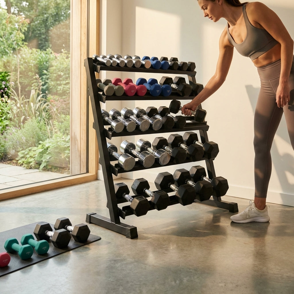 Dumbbell tree rack for home and gym, steel and rubber construction - product detail